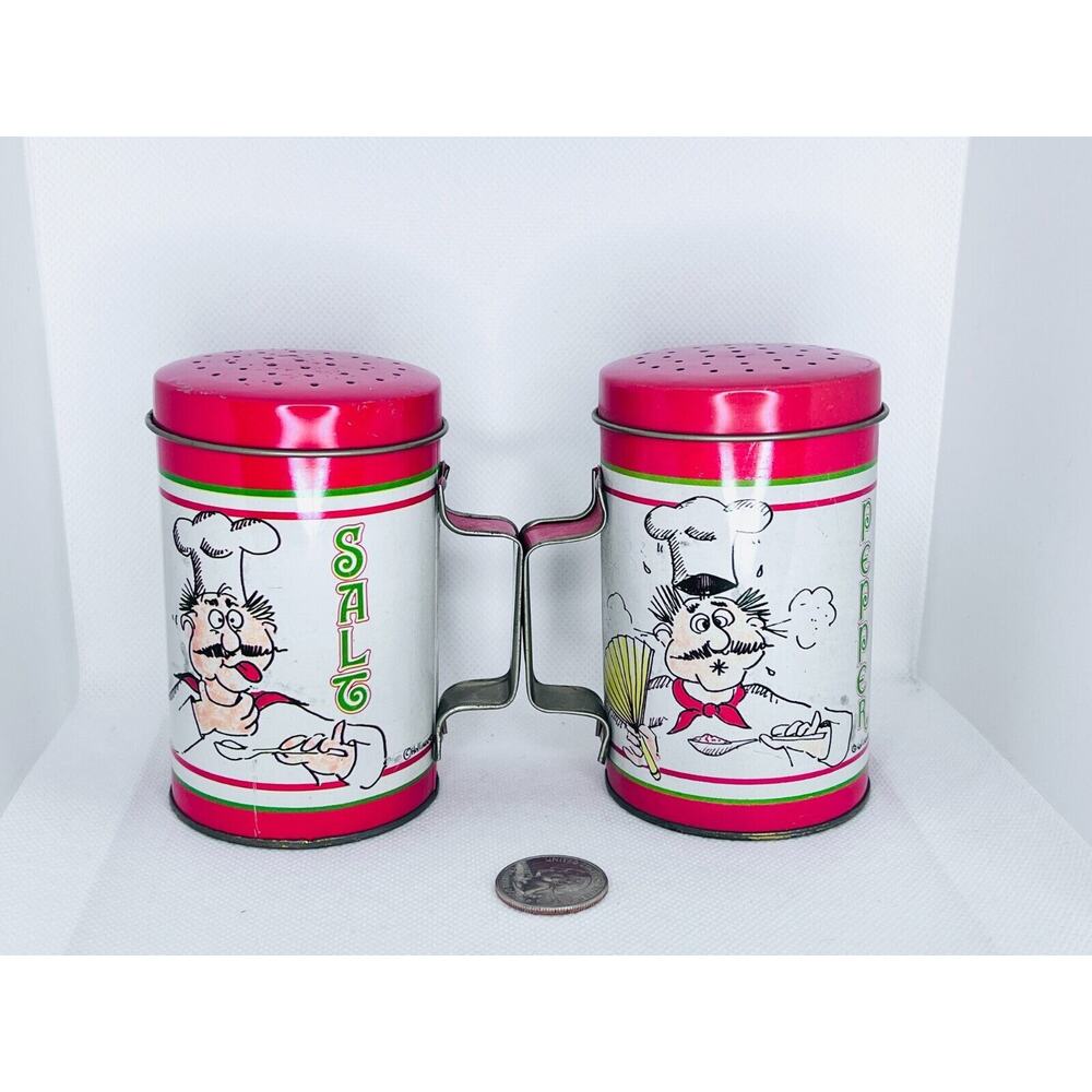 Hollinger Master Chef Tin Salt & Pepper Shakers 1950s-60s Hong Kong Vintage